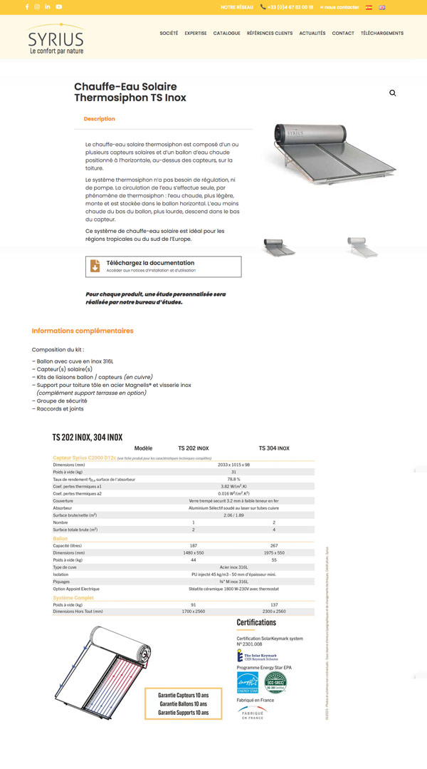 Fiche technique pour syrius-solar.fr